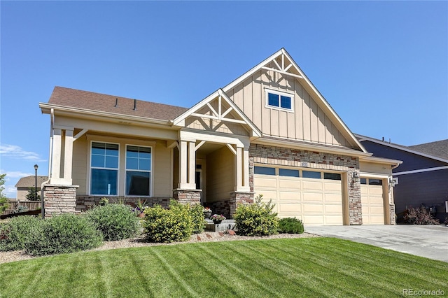 15619 Syracuse Way, Thornton, CO 80602 - craftsman house featuring board and batten siding, stone siding, driveway, a garage, and a front lawn