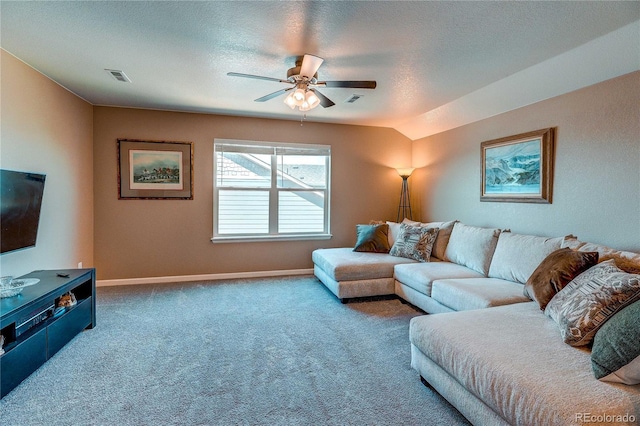 15619 Syracuse Way, Thornton, CO 80602 - carpeted living area with ceiling fan and a textured ceiling