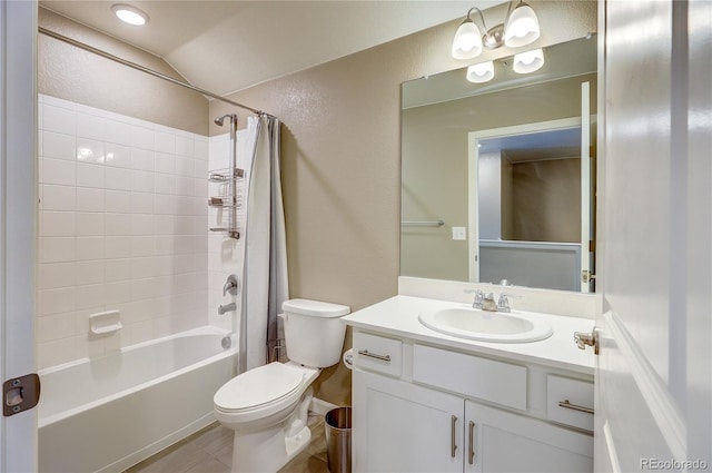 15619 Syracuse Way, Thornton, CO 80602 - bathroom with vanity, shower / bath combo, a textured wall, vaulted ceiling, and tile patterned flooring