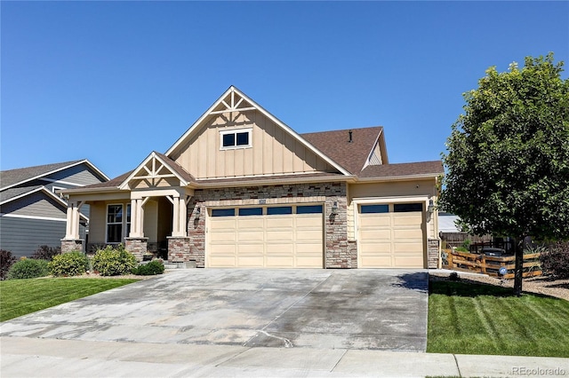 15619 Syracuse Way, Thornton, CO 80602 - craftsman inspired home featuring a garage, board and batten siding, concrete driveway, a front yard, and a porch
