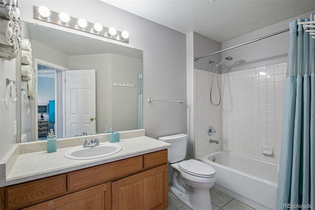 bathroom featuring toilet, shower / bathtub combination with curtain, vanity, and tile patterned floors