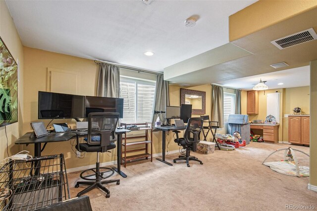 office with light colored carpet, visible vents, and baseboards