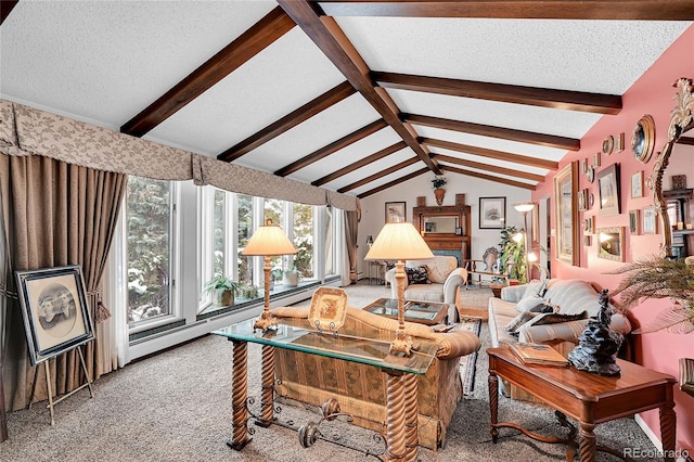 carpeted living room with a baseboard heating unit, a textured ceiling, and vaulted ceiling with beams