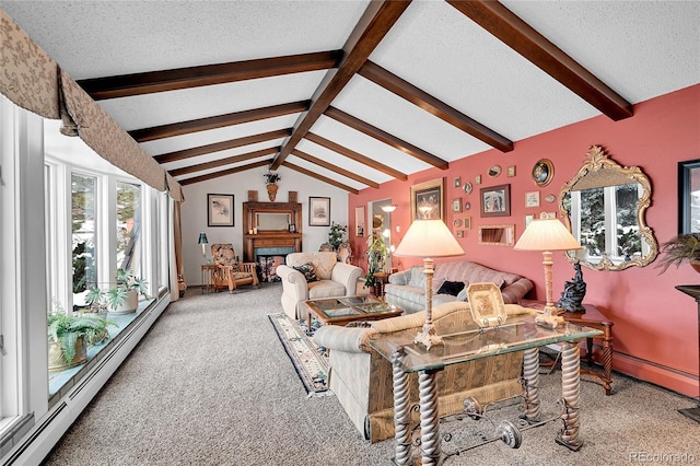 living room featuring carpet flooring, vaulted ceiling with beams, a textured ceiling, and baseboard heating