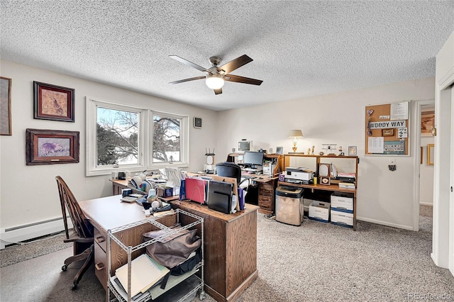 office space featuring a baseboard radiator, carpet floors, a textured ceiling, and ceiling fan