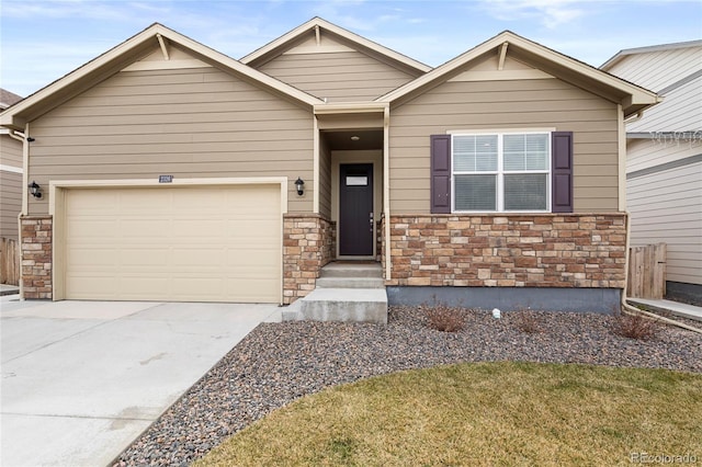 2326 Monte Vista St, Fort Lupton, CO 80621 - craftsman-style home with an attached garage, concrete driveway, and stone siding