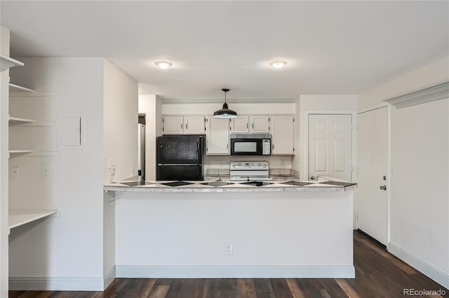 kitchen featuring baseboards, white cabinets, black appliances, and dark wood finished floors