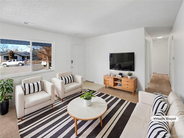 living room with a textured ceiling