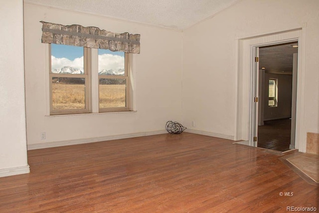 empty room featuring dark hardwood / wood-style flooring, vaulted ceiling, and a textured ceiling