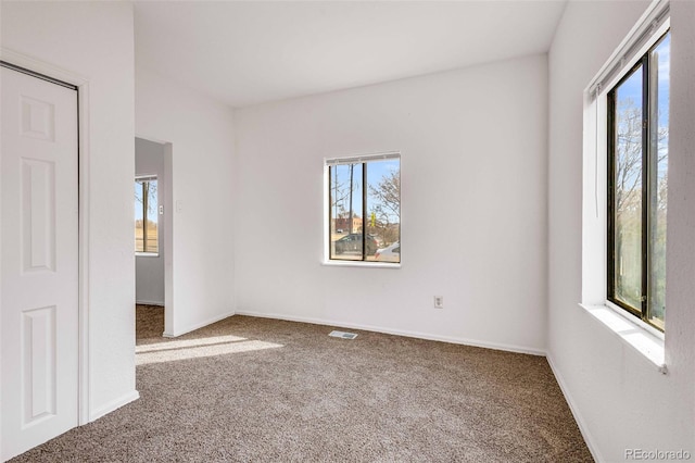 unfurnished room with a healthy amount of sunlight and carpet flooring