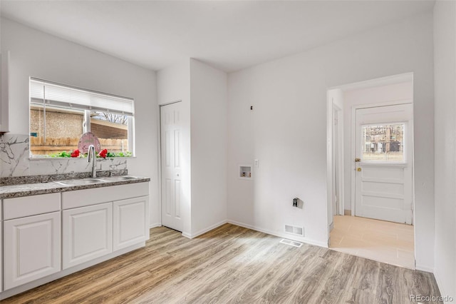 laundry area with washer hookup, sink, light hardwood / wood-style flooring, and plenty of natural light