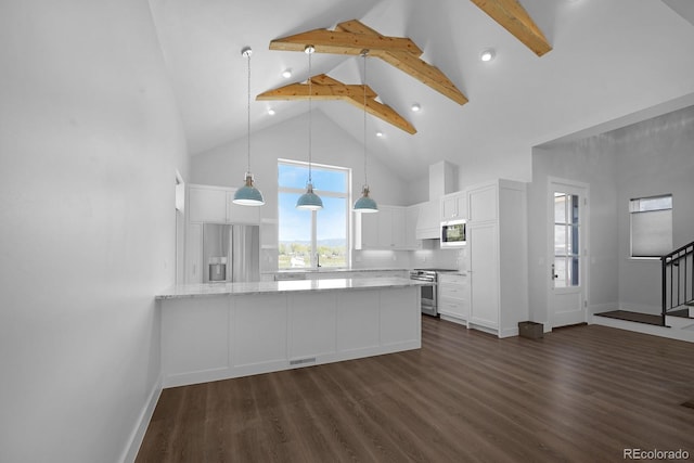 kitchen featuring white cabinets, dark hardwood / wood-style floors, beam ceiling, and kitchen peninsula