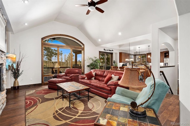 1524 Fox Acres Dr Unit 412, Red Feather Lakes, CO 80545 - living area featuring ceiling fan, wood finished floors, lofted ceiling, a stone fireplace, and recessed lighting