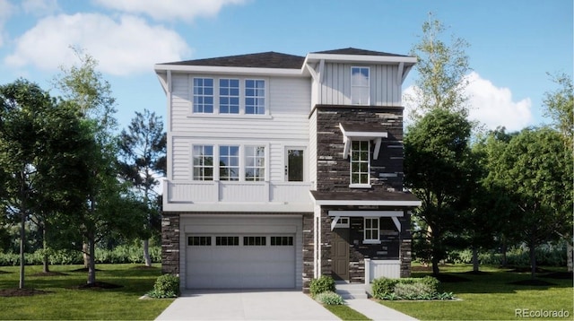 view of front of property featuring stone siding, board and batten siding, driveway, a front lawn, and a garage