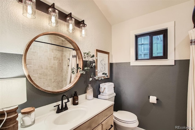 16626 Ouray Rd W, Pine, CO 80470 - full bathroom with a textured wall, vanity, curtained shower, toilet, and lofted ceiling
