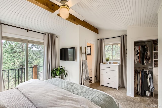 16626 Ouray Rd W, Pine, CO 80470 - carpeted bedroom with access to outside, a closet, ceiling fan, and wood ceiling