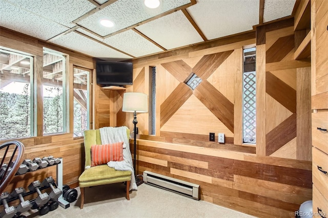 16626 Ouray Rd W, Pine, CO 80470 - sitting room with wood walls, a baseboard radiator, and carpet