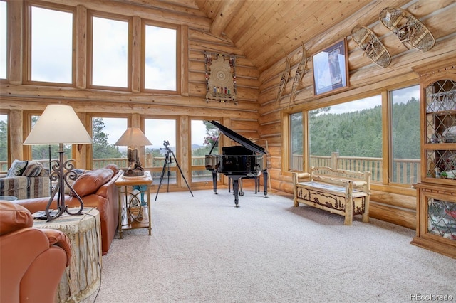 living room with wooden ceiling, high vaulted ceiling, carpet flooring, log walls, and plenty of natural light