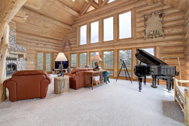 living room with high vaulted ceiling, carpet floors, a fireplace, and log walls