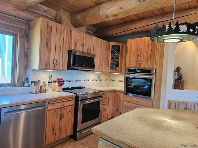 kitchen with beam ceiling, wooden ceiling, backsplash, pendant lighting, and appliances with stainless steel finishes