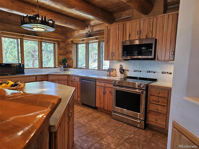 kitchen featuring wooden ceiling, sink, rustic walls, appliances with stainless steel finishes, and beamed ceiling