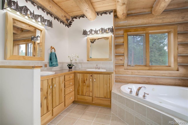 bathroom featuring rustic walls, wood ceiling, vanity, beamed ceiling, and tile patterned flooring