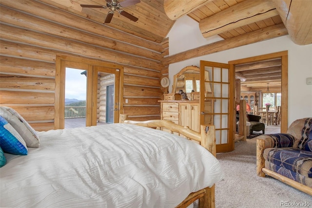 carpeted bedroom with multiple windows, french doors, log walls, and wood ceiling