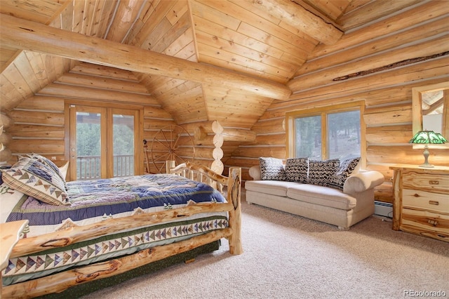 carpeted bedroom featuring access to exterior, rustic walls, wood ceiling, a baseboard radiator, and vaulted ceiling with beams