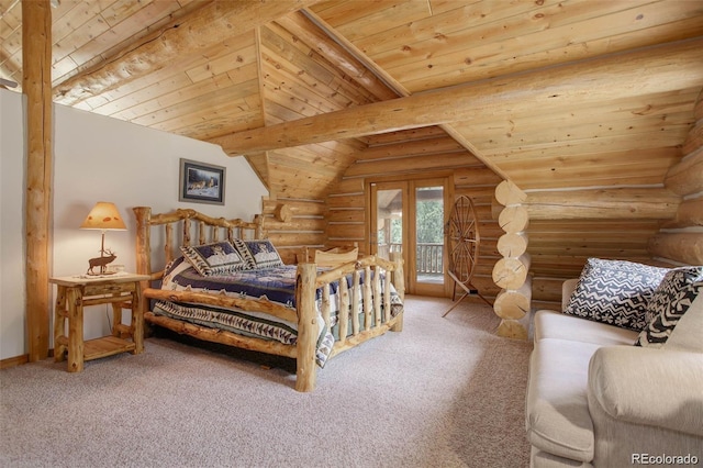 bedroom with log walls, carpet, vaulted ceiling with beams, and wooden ceiling