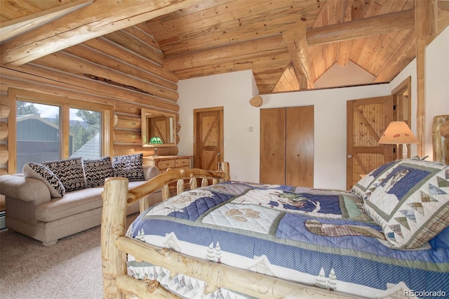 bedroom featuring carpet floors, rustic walls, vaulted ceiling, and wood ceiling