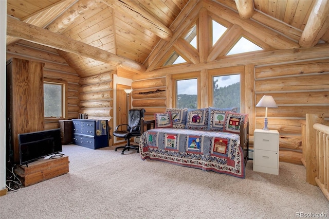 carpeted bedroom featuring log walls, high vaulted ceiling, and beamed ceiling