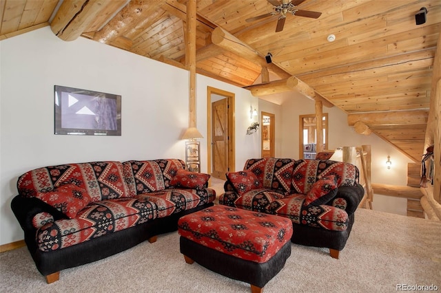 carpeted living room featuring vaulted ceiling with beams, ceiling fan, and wooden ceiling