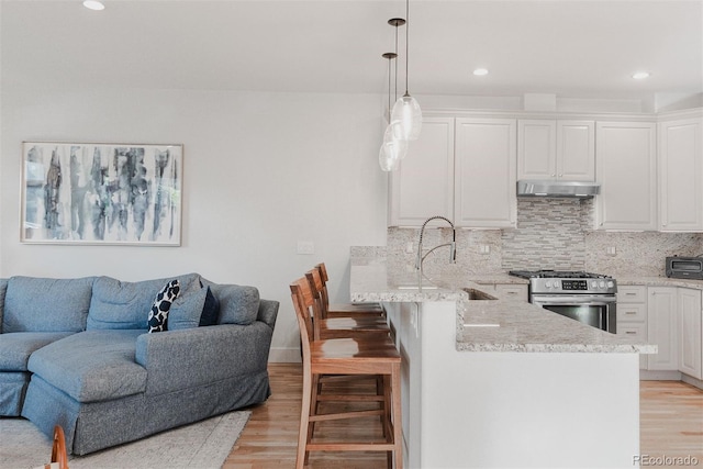 2034 Newton St, Denver, CO 80211 - kitchen with stainless steel gas stove, under cabinet range hood, open floor plan, a peninsula, and light wood finished floors