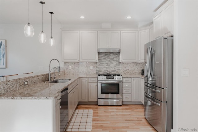 2034 Newton St, Denver, CO 80211 - kitchen featuring appliances with stainless steel finishes, a sink, a peninsula, under cabinet range hood, and light wood finished floors