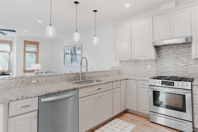 2034 Newton St, Denver, CO 80211 - kitchen featuring appliances with stainless steel finishes, a sink, under cabinet range hood, tasteful backsplash, and recessed lighting