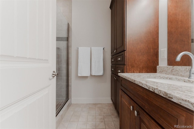 2034 Newton St, Denver, CO 80211 - full bathroom with vanity, tiled shower, tile patterned flooring, and baseboards