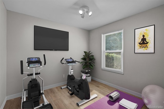 workout room with light hardwood / wood-style flooring