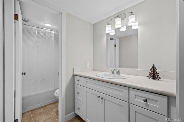 full bathroom with tile patterned flooring, vanity, toilet, and shower / bathtub combination with curtain