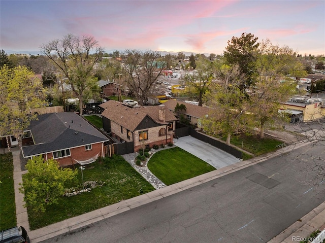 aerial view at dusk of a residential view