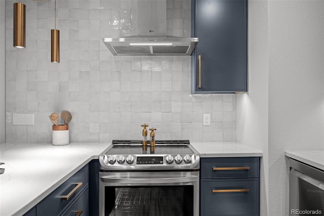 kitchen with stainless steel range with electric stovetop, wall chimney range hood, blue cabinets, and decorative backsplash