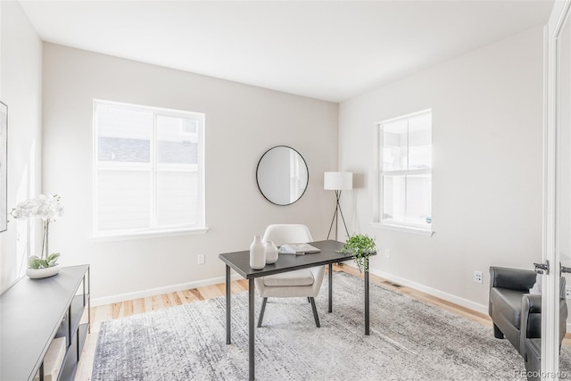 office area featuring a healthy amount of sunlight and light hardwood / wood-style floors