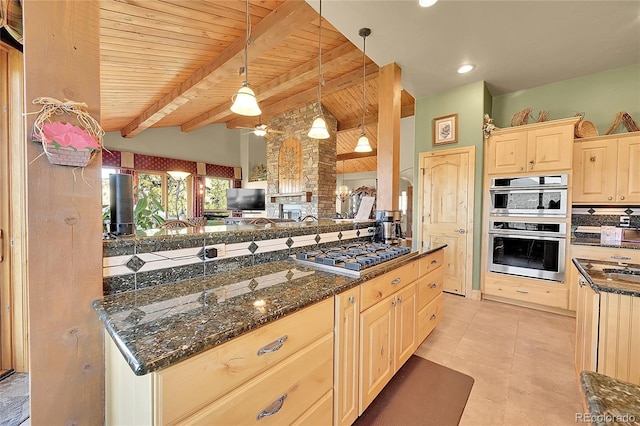 2433 Dogie Spur, Golden, CO 80403 - kitchen featuring appliances with stainless steel finishes, wooden ceiling with exposed beams, light tile patterned flooring, hanging light fixtures, and dark stone counters