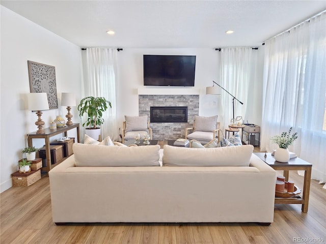 living room featuring a fireplace and light wood-type flooring