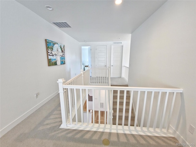 stairs featuring carpet flooring