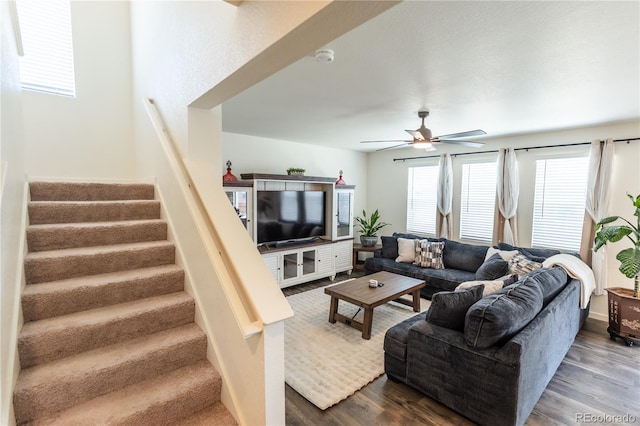 920 William Way, Brighton, CO 80603 - living room featuring stairs, ceiling fan, dark wood finished floors, and plenty of natural light