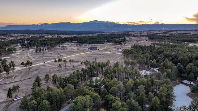 birds eye view of property with a forest view and a mountain view