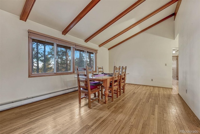 dining room with high vaulted ceiling, a baseboard heating unit, wood finished floors, and beamed ceiling