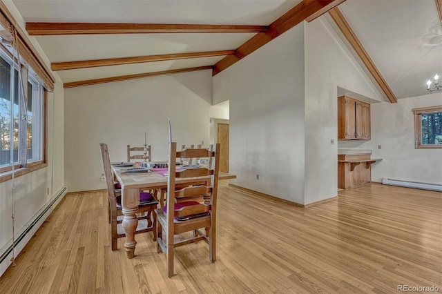 dining room featuring vaulted ceiling with beams, light wood-style floors, a baseboard heating unit, and baseboard heating