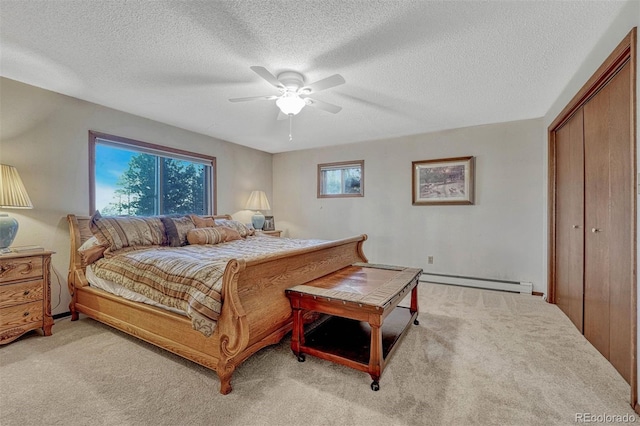 bedroom featuring light carpet, ceiling fan, multiple windows, and baseboard heating