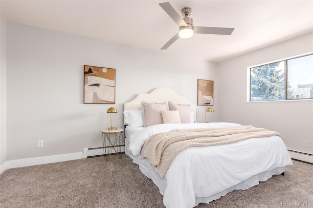 bedroom with ceiling fan, a baseboard heating unit, and carpet floors